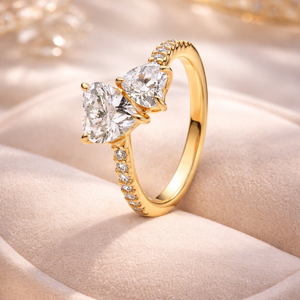 Gold Heart Double-Cubic Zirconia Ring - Women's Fashion Jewelry